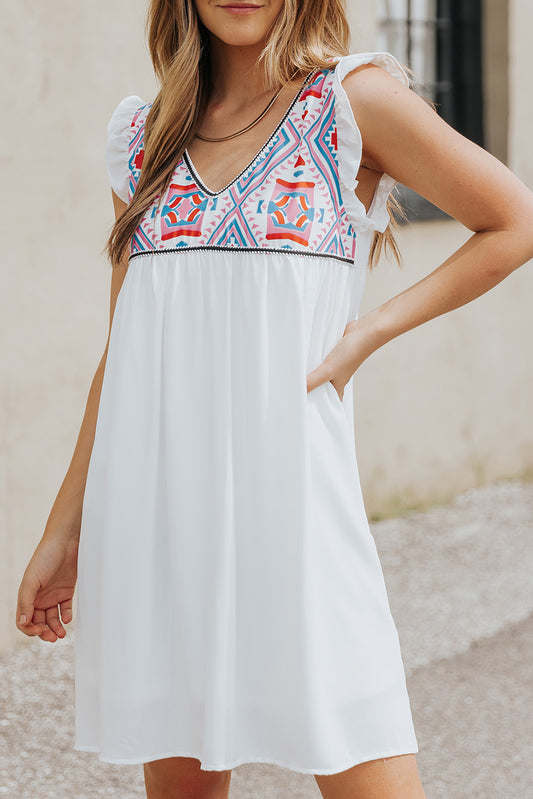 Boho Ethnic Summer Dress Ruffled Geometric V-Neck Sleeveless Dress