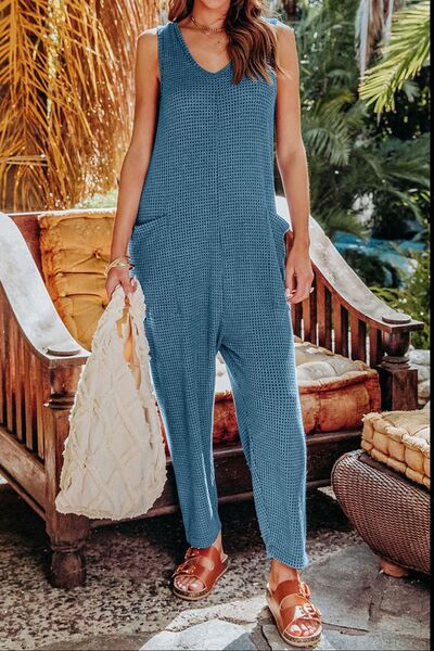 Bohemian Blue Sleeveless Straight Jumpsuit