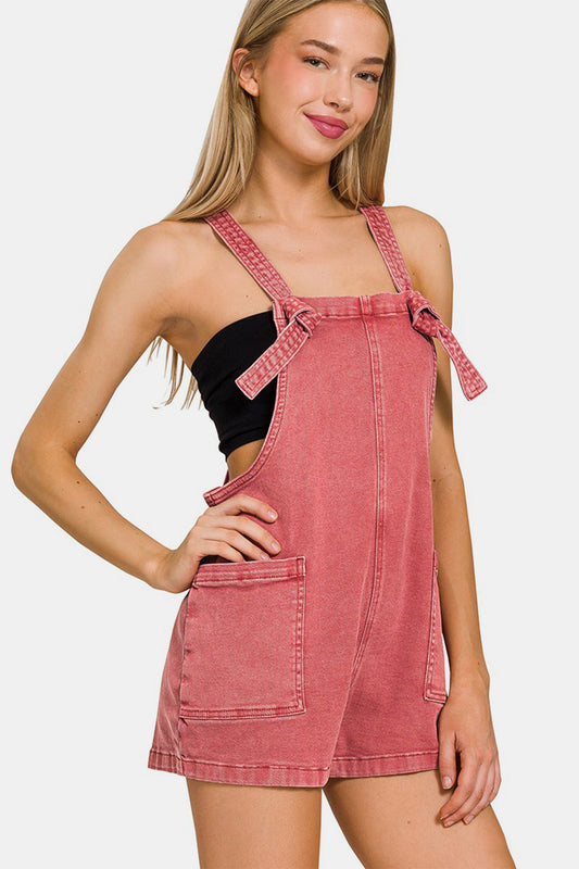 Hippie Romper Distressed Zenana Washed Knot Strap Rompers