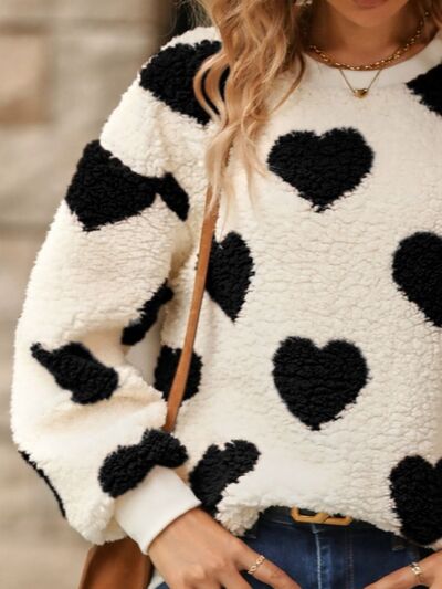 Fuzzy Heart Dropped Shoulder Sweatshirt