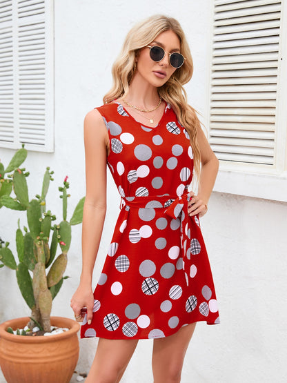 Boho Tied Polka Dot V-Neck Dress