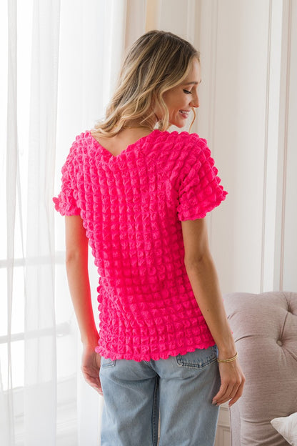 Bubble Top Textured Round Neck Short Sleeve T-Shirt