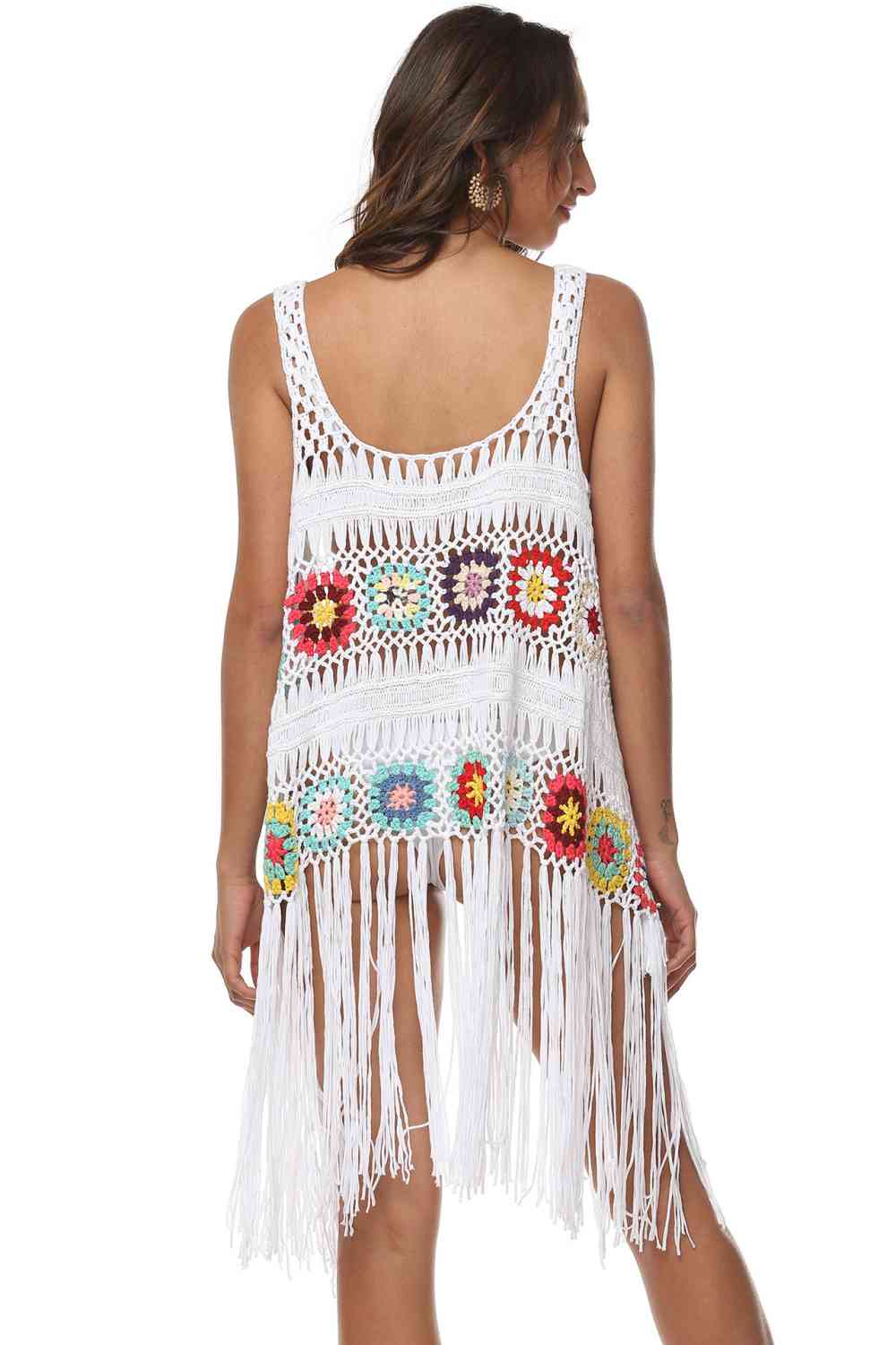 Boho Beach Chic Fringe Detail Embroidery Sleeveless Cover-Up