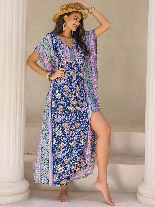 Gypsy Boho Dress Floral V-Neck Printed Slit Maxi Dress