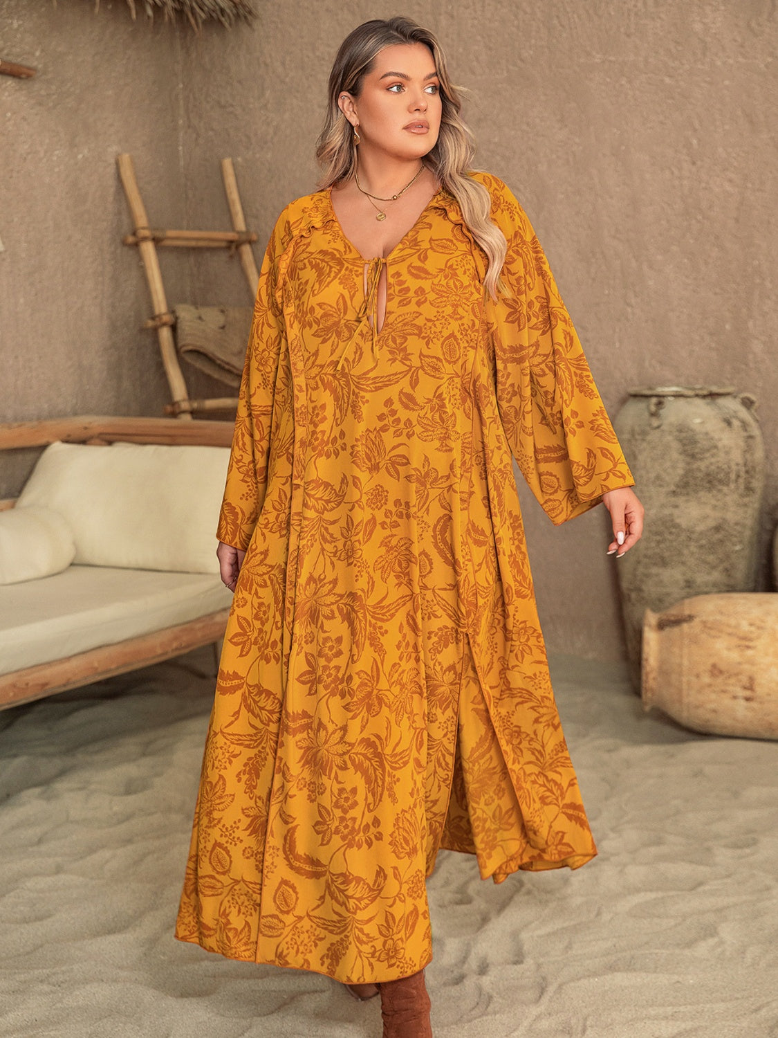 Plus Size Boho Kimono Inspired Midi Dress Printed Slit Long Sleeve Dress