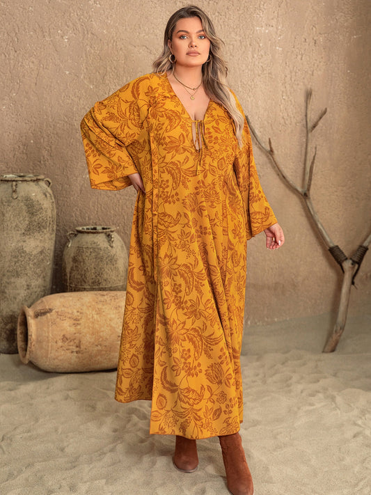 Plus Size Boho Kimono Inspired Midi Dress Printed Slit Long Sleeve Dress