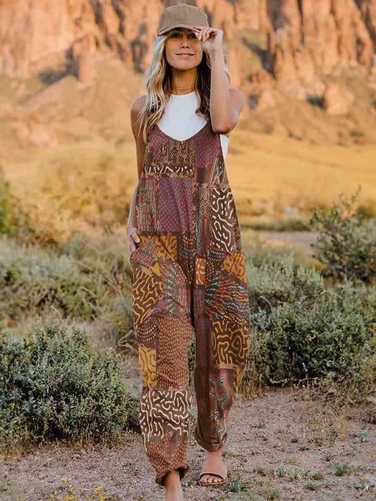 Boho Printed V-Neck Sleeveless Jumpsuit