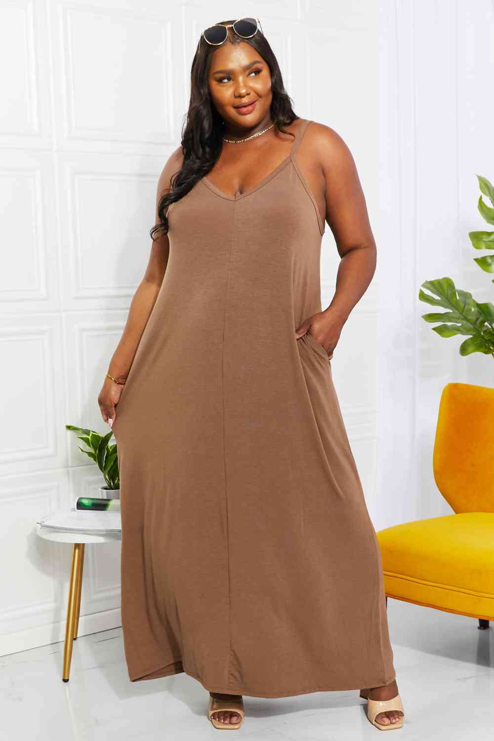 Zenana Full Size Beach Vibes Cami Maxi Dress in Mocha