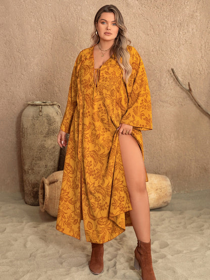 Plus Size Boho Kimono Inspired Midi Dress Printed Slit Long Sleeve Dress