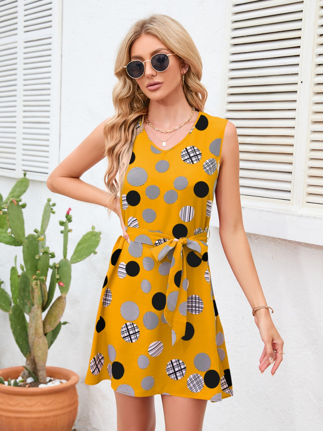 Boho Tied Polka Dot V-Neck Dress